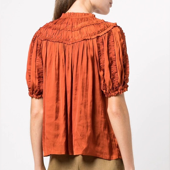 Ulla Johnson Aimee top blouse ruffle short sleeve clay rust satin tie front - Picture 6 of 12